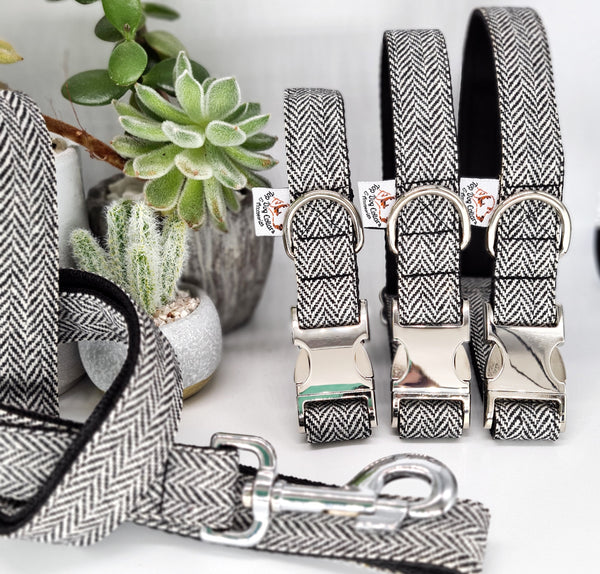 Black & White Herringbone Dog Collars & Leads